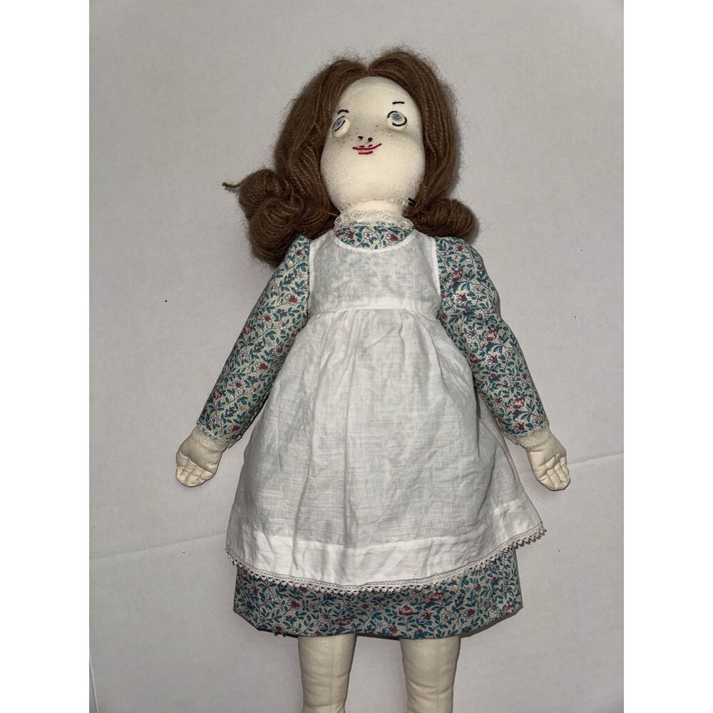 Vintage Primitive Folk Art Girl Cloth Doll Handcrafted Brown Yarn Hair